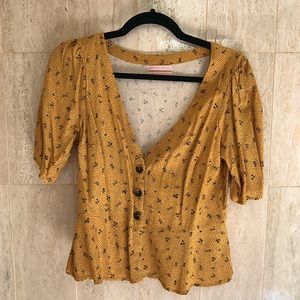 Urban Outfitters Floral Button-Front Plunge Blouse (Medium)